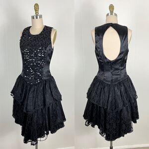 Vintage 80s 90s‎ Gunne Sax Black Sequin Lace Dress 7 8 Pointed Hem Goth Witch
